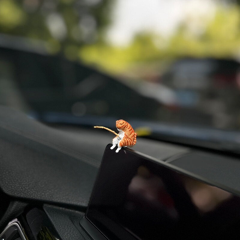 Cute Kitten Fishing Figurine Car Dashboard Decor, Standing Car Pendant Ornament, Car Interior Decoration