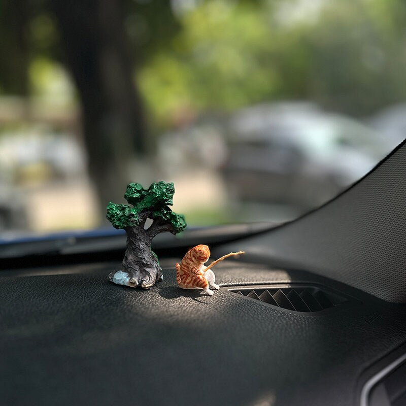 Cute Kitten Fishing Figurine Car Dashboard Decor, Standing Car Pendant Ornament, Car Interior Decoration